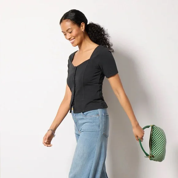 Nation LTD Marcella Button Front Sweetheart Neckline Short Sleeve Top in Black - Picture 7 of 13